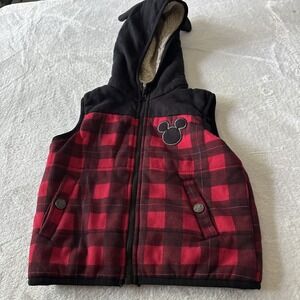 Disney‎ Junior Puffer Vest Size 24 Mos Black Red Plaid Mickey Mouse Ears Hooded